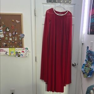 R&M Richards Red Cape Gown – Rhinestone Neckline Formal Evening Dress